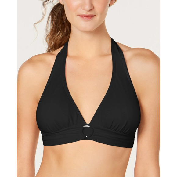 Michael Kors Swim Black Halter Bikini Top Silver Logo Ring Size S 16190